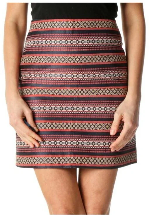 LOFT Coral Navy Gold Tan Aztec Stripe Cotton Blend A-line Mini Skirt - 2P - Picture 1 of 9